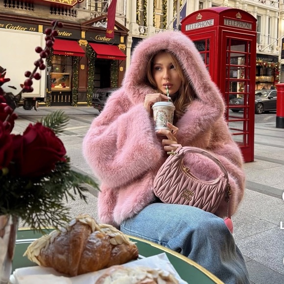 Pink Faux Fur Coat with Hood - Picture 2 of 6